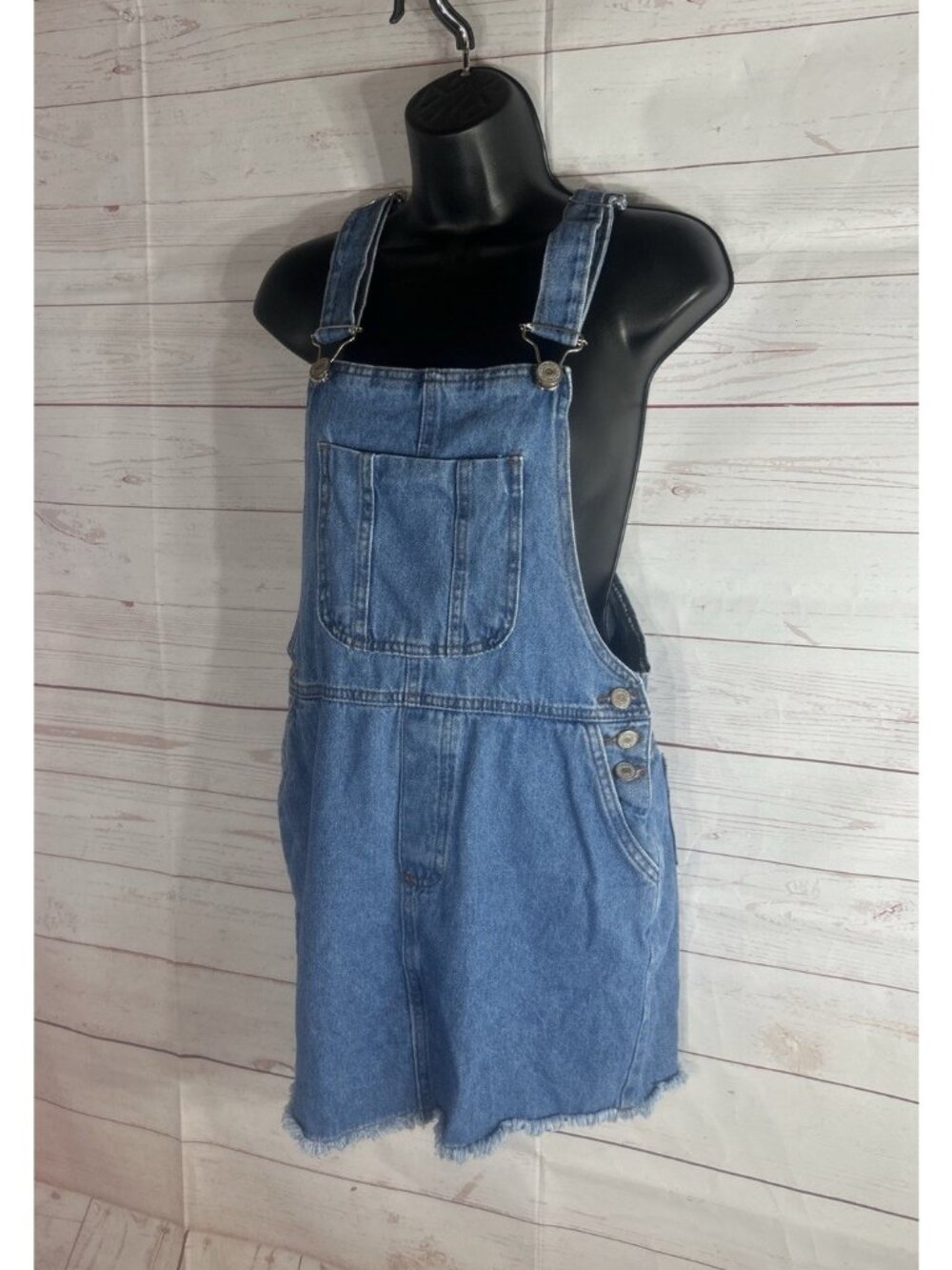 Imports B Blue Denim Overall Bib Dress Junior Size 14 Pockets Adjustable Raw Hem